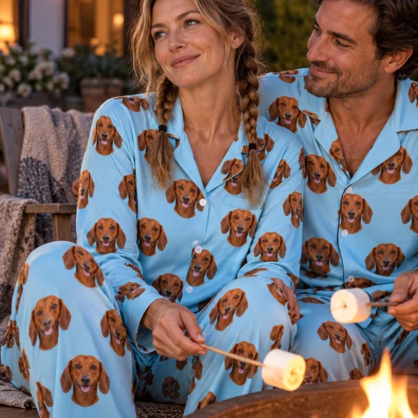 Woman and her partner in matching doxie pajamas with red smooth-coated Dachshund faces on light blue fabric — MyDogPics