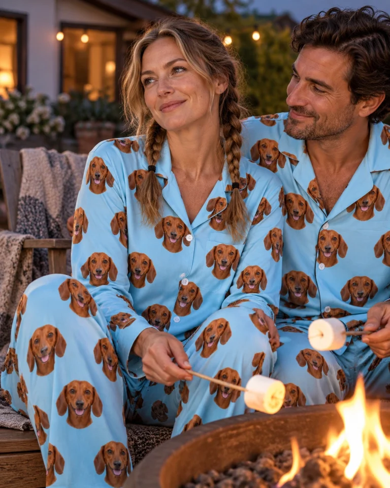 Woman and her partner in matching doxie pajamas with red smooth-coated Dachshund faces on light blue fabric — MyDogPics