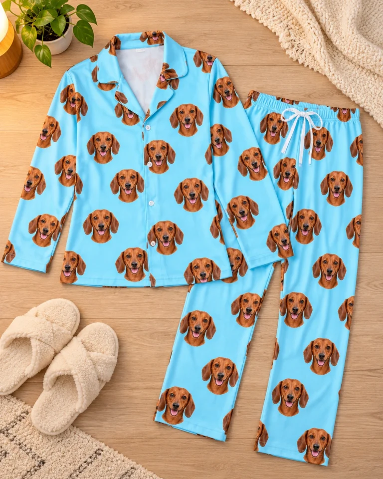 Flat lay of doxie pajamas: shirt and pants covered in red smooth-coated Dachshund faces — MyDogPics