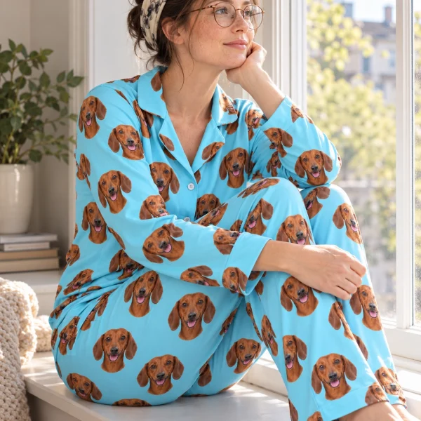Woman sitting in doxie pajamas covered in red smooth-coated Dachshund faces — MyDogPics