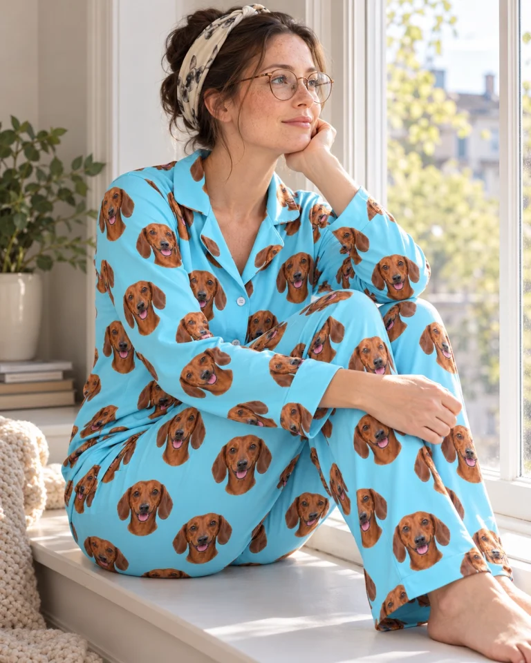 Woman sitting in doxie pajamas covered in red smooth-coated Dachshund faces — MyDogPics