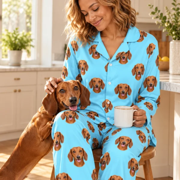 Woman in doxie pajamas with her Dachshund — MyDogPics