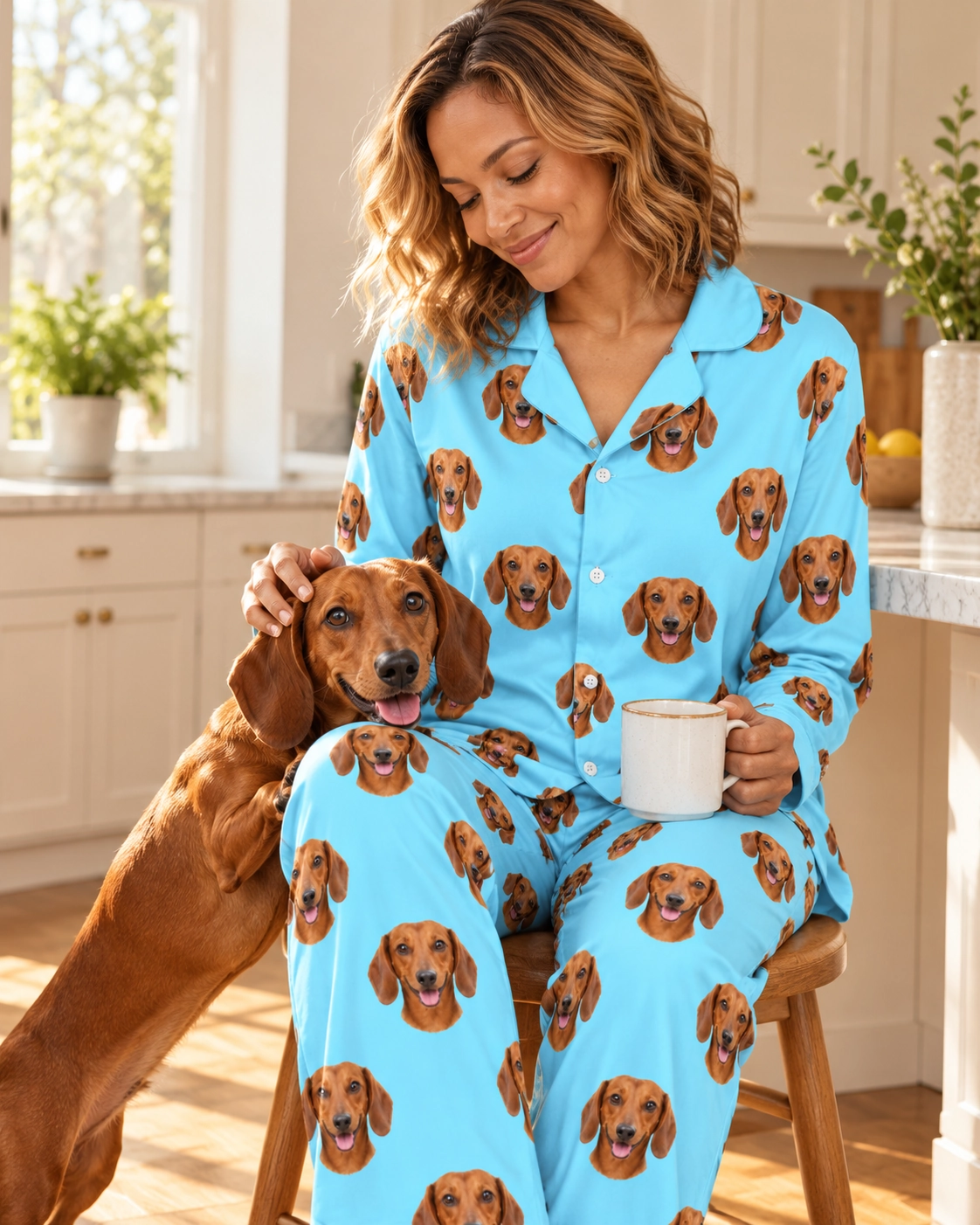 Doxie Pajamas – With Dog, Light Blue | MyDogPics Woman in doxie pajamas with her Dachshund — MyDogPics