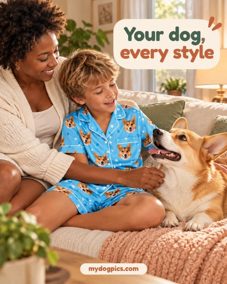 Boy in a sky blue short set printed with corgi faces beside his mom and corgi, spring and easter pajamas, MyDogPics