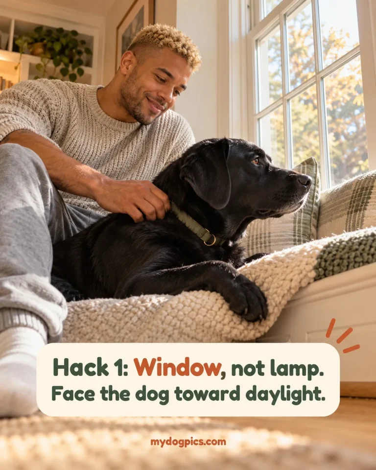 Man on a window seat petting his black Labrador in soft daylight, window light for easter pajamas photos, MyDogPics