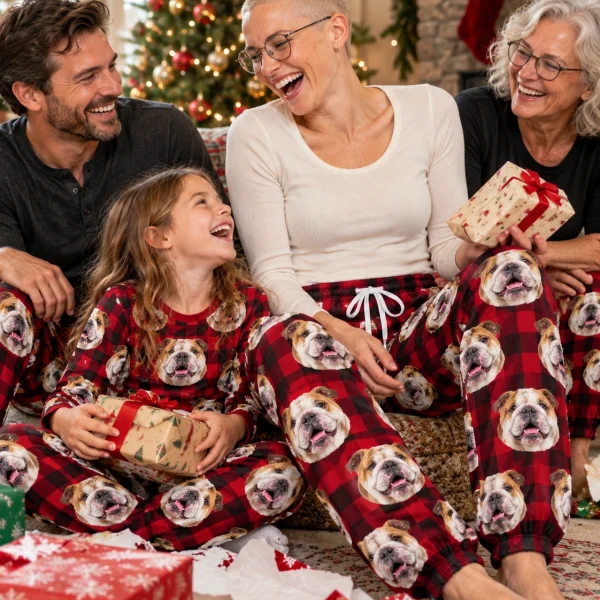 Woman and her family in matching english bulldog Christmas pajama pants with white-and-fawn English Bulldog faces — MyDogPics