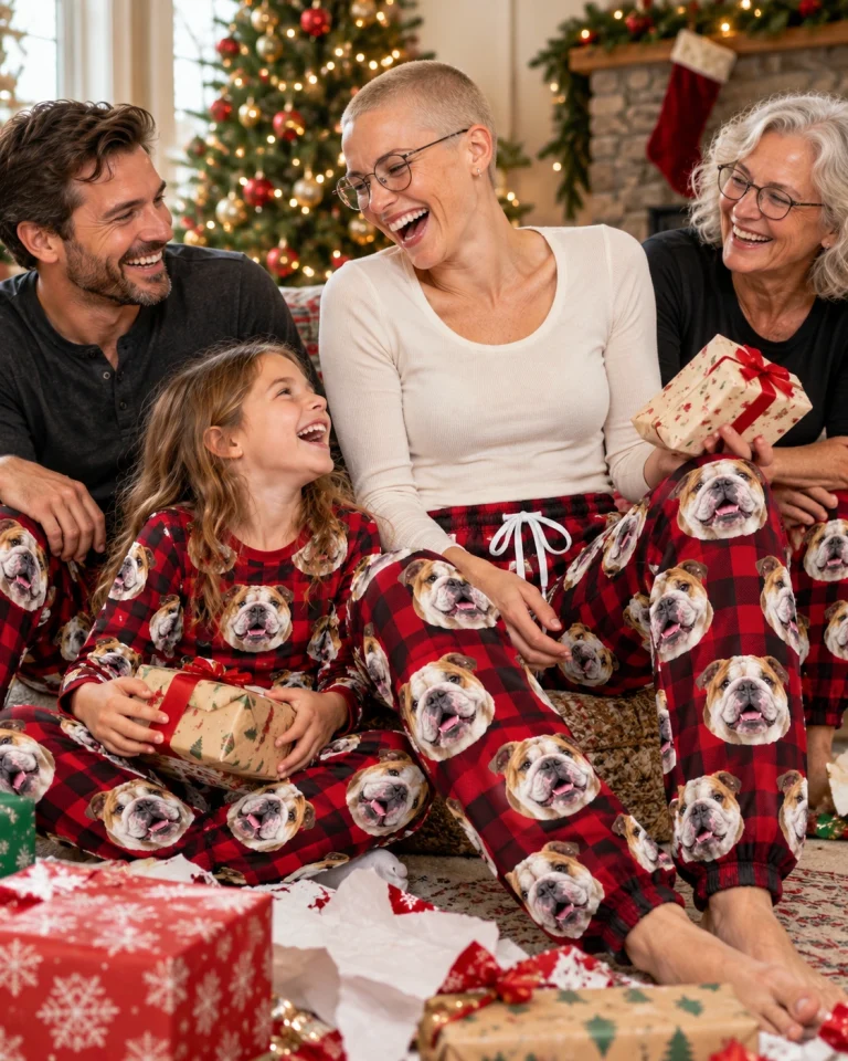 Woman and her family in matching english bulldog Christmas pajama pants with white-and-fawn English Bulldog faces — MyDogPics