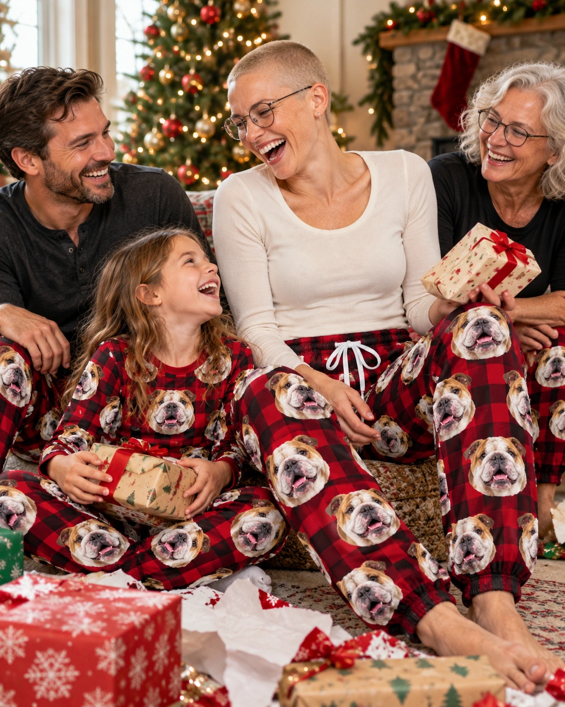 English Bulldog Christmas Pajama Pants – Family, Red Plaid | MyDogPics Woman and her family in matching english bulldog Christmas pajama pants with white-and-fawn English Bulldog faces — MyDogPics