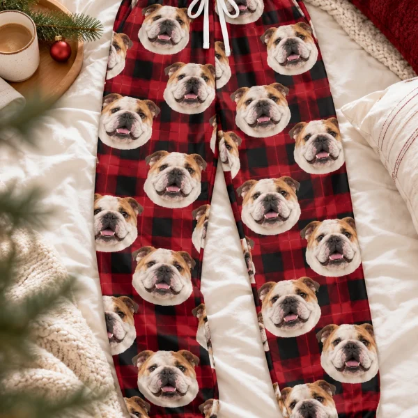 Flat lay of english bulldog Christmas pajama pants: pants covered in white-and-fawn English Bulldog faces — MyDogPics