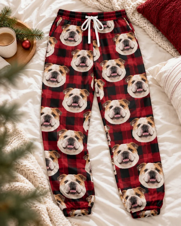Flat lay of english bulldog Christmas pajama pants: pants covered in white-and-fawn English Bulldog faces — MyDogPics