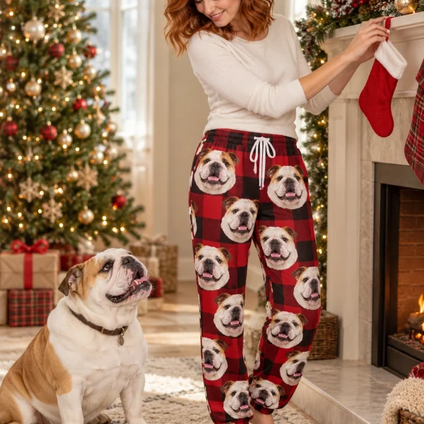 Woman in english bulldog Christmas pajama pants with her Bulldog — MyDogPics