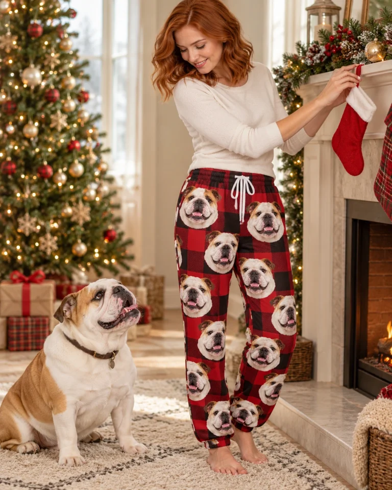 Woman in english bulldog Christmas pajama pants with her Bulldog — MyDogPics