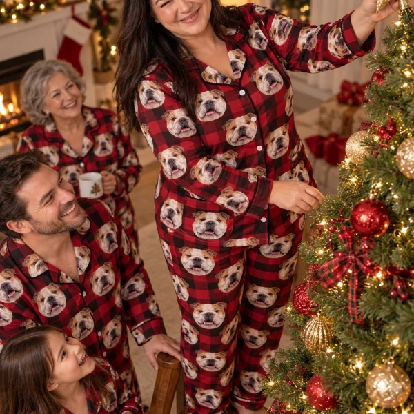Woman and her family in matching english bulldog Christmas pajamas with white-and-fawn English Bulldog faces — MyDogPics