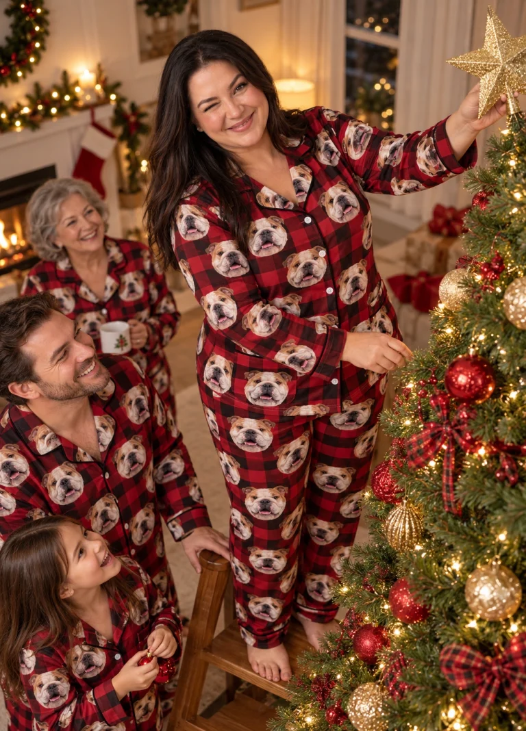Woman and her family in matching english bulldog Christmas pajamas with white-and-fawn English Bulldog faces — MyDogPics