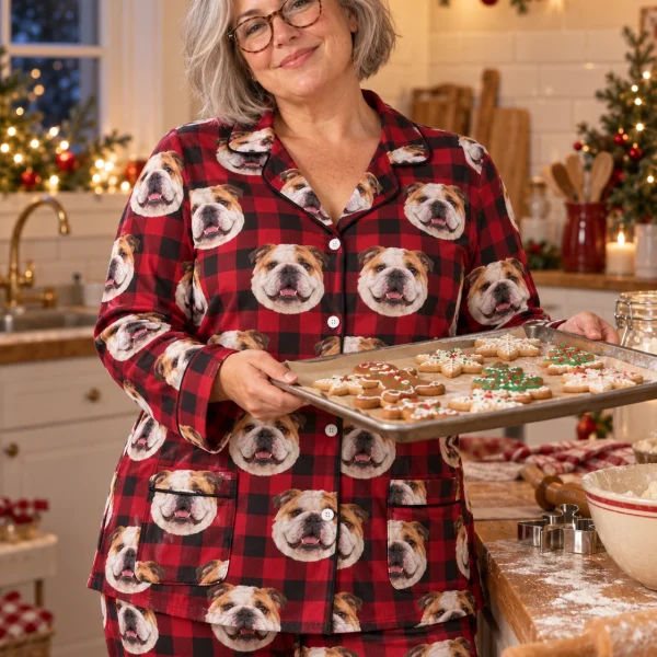 Woman posing in english bulldog Christmas pajamas, white-and-fawn English Bulldog faces on red plaid fabric — MyDogPics