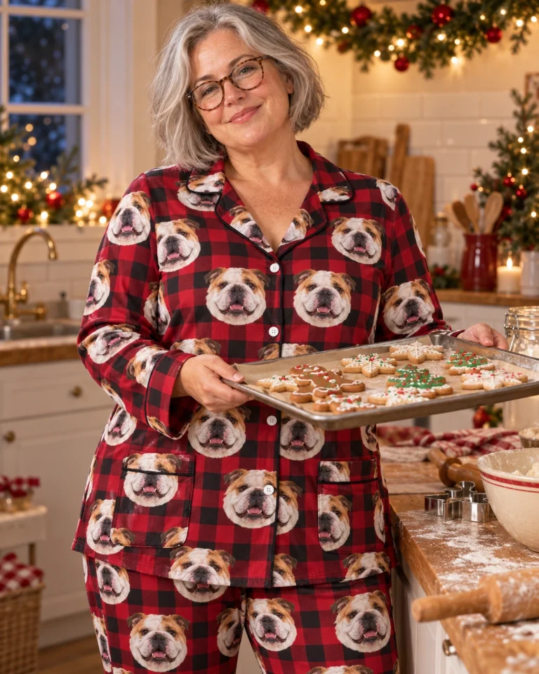 Woman posing in english bulldog Christmas pajamas, white-and-fawn English Bulldog faces on red plaid fabric — MyDogPics