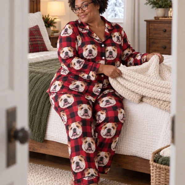 Woman sitting in english bulldog Christmas pajamas covered in white-and-fawn English Bulldog faces — MyDogPics