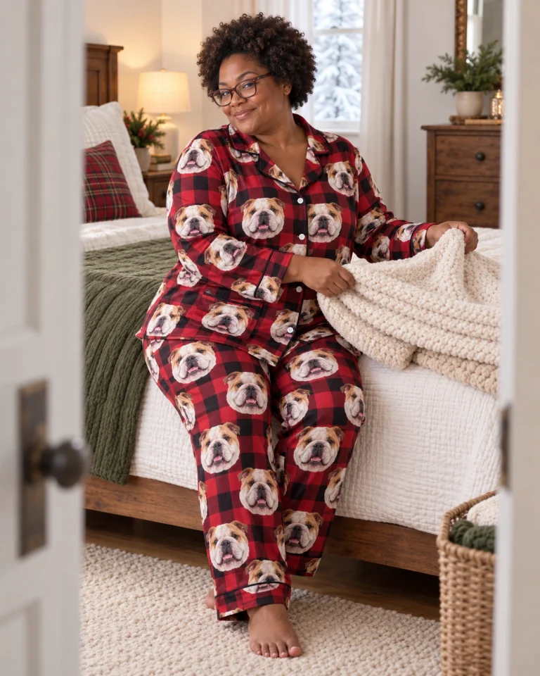Woman sitting in english bulldog Christmas pajamas covered in white-and-fawn English Bulldog faces — MyDogPics