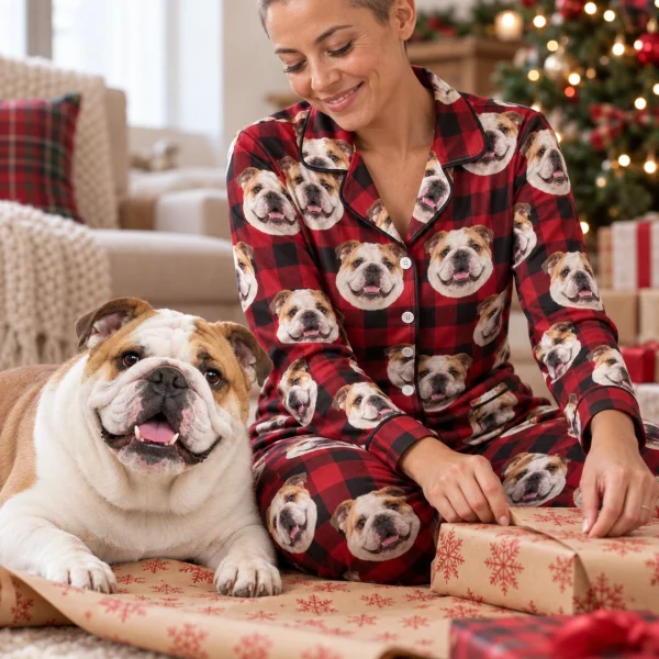 Woman in english bulldog Christmas pajamas with her Bulldog — MyDogPics
