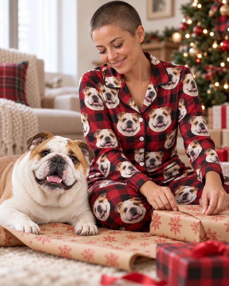 Woman in english bulldog Christmas pajamas with her Bulldog — MyDogPics