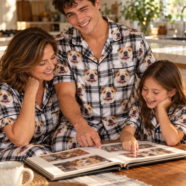 Man and his family in matching english bulldog dad pajamas with white-and-fawn English Bulldog faces — MyDogPics