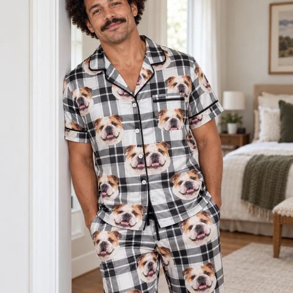 Man wearing english bulldog dad pajamas covered in white-and-fawn English Bulldog faces on white plaid satin — MyDogPics