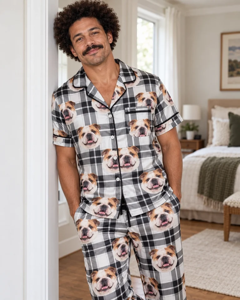 Man wearing english bulldog dad pajamas covered in white-and-fawn English Bulldog faces on white plaid satin — MyDogPics