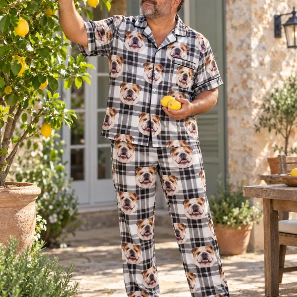 Man posing in english bulldog dad pajamas, white-and-fawn English Bulldog faces on white plaid satin — MyDogPics