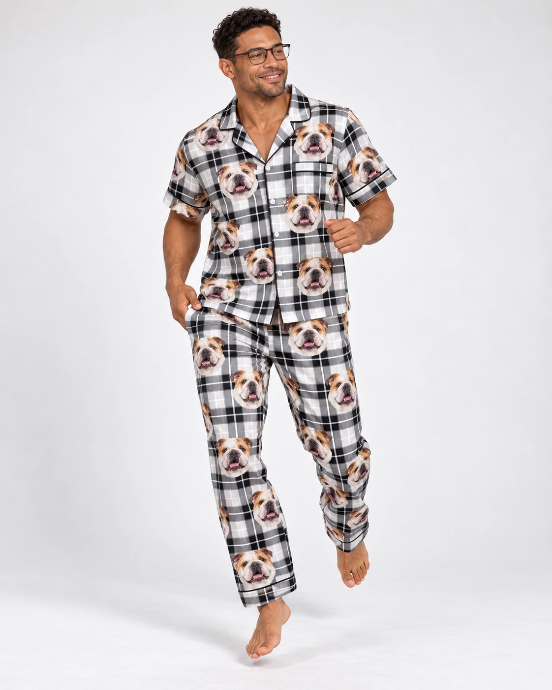 English Bulldog Dad Pajamas – Pose, White Plaid | MyDogPics Man posing in english bulldog dad pajamas, white-and-fawn English Bulldog faces on white plaid satin — MyDogPics
