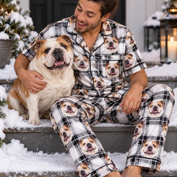 Man in english bulldog dad pajamas with his Bulldog — MyDogPics