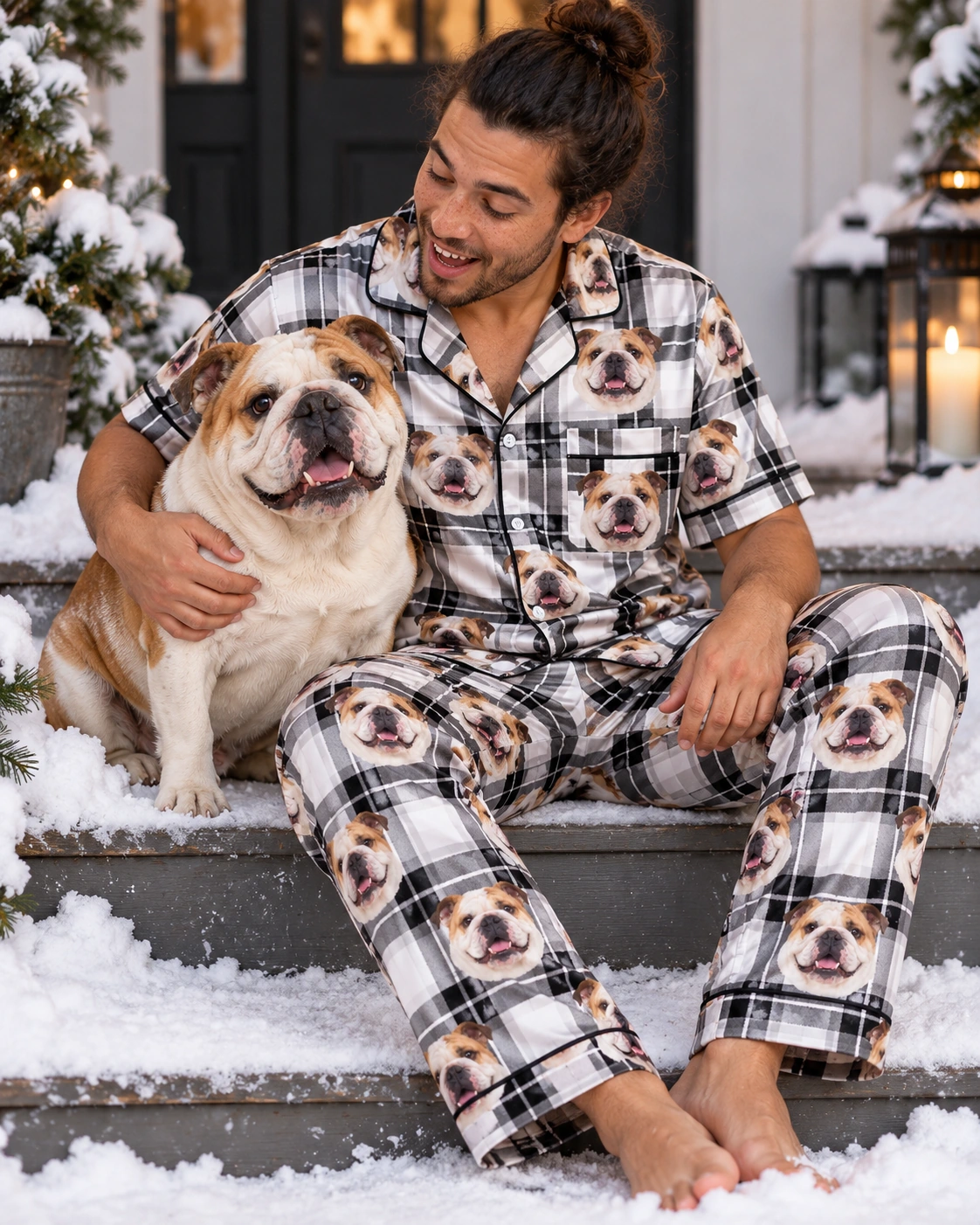 English Bulldog Dad Pajamas – With Dog, White Plaid | MyDogPics Man in english bulldog dad pajamas with his Bulldog — MyDogPics