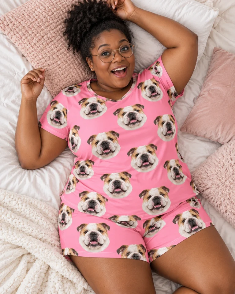 Woman posing in an english bulldog lounge set, white-and-fawn English Bulldog faces on pink fabric — MyDogPics