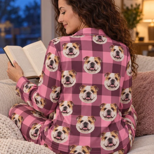 Back view of english bulldog mom pajamas: the print continues all the way round — MyDogPics