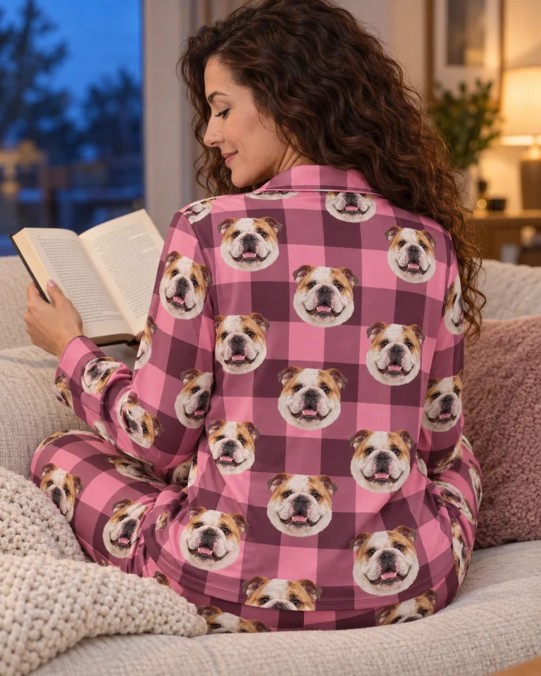 Back view of english bulldog mom pajamas: the print continues all the way round — MyDogPics