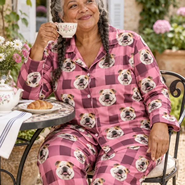 Woman sitting in english bulldog mom pajamas covered in white-and-fawn English Bulldog faces — MyDogPics