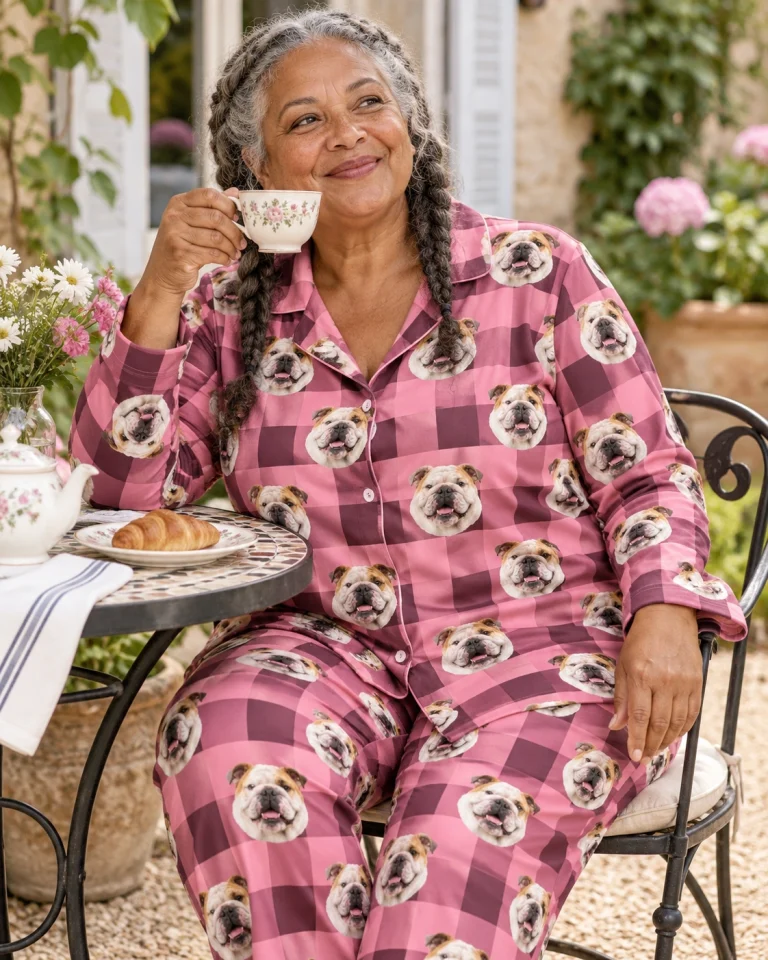 Woman sitting in english bulldog mom pajamas covered in white-and-fawn English Bulldog faces — MyDogPics