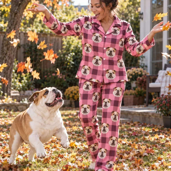 Woman in english bulldog mom pajamas with her Bulldog — MyDogPics