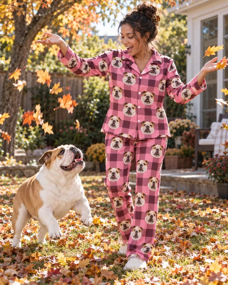 Woman in english bulldog mom pajamas with her Bulldog — MyDogPics