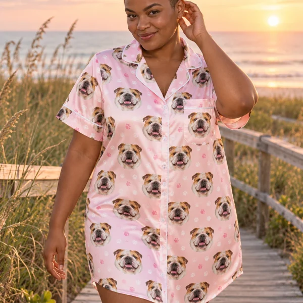 Woman wearing an english bulldog nightgown covered in white-and-fawn English Bulldog faces — MyDogPics