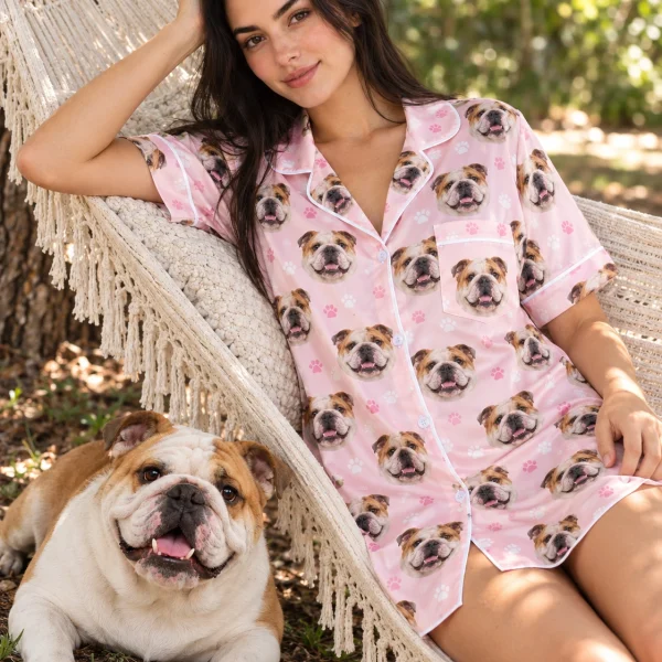 Woman in an english bulldog nightgown with her Bulldog — MyDogPics