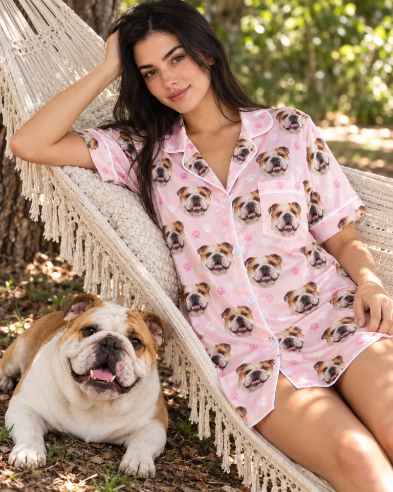 Woman in an english bulldog nightgown with her Bulldog — MyDogPics