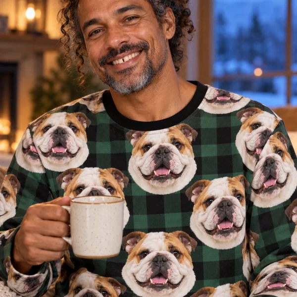 Close-up of the english bulldog pajama set print: white-and-fawn English Bulldog faces on green plaid fabric — MyDogPics