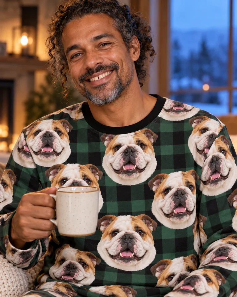 Close-up of the english bulldog pajama set print: white-and-fawn English Bulldog faces on green plaid fabric — MyDogPics