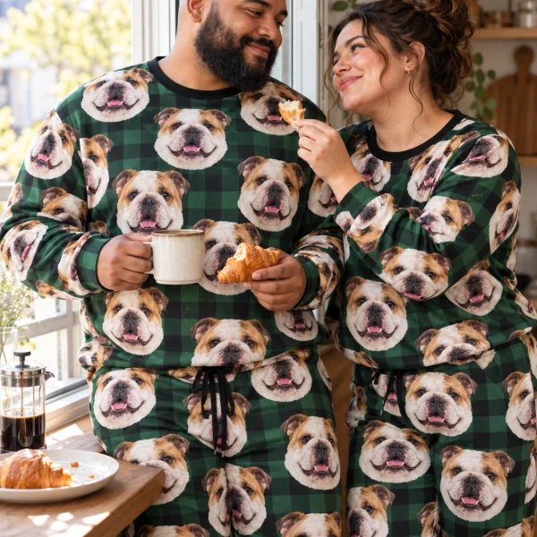 Man and his partner in matching english bulldog pajama set with white-and-fawn English Bulldog faces — MyDogPics