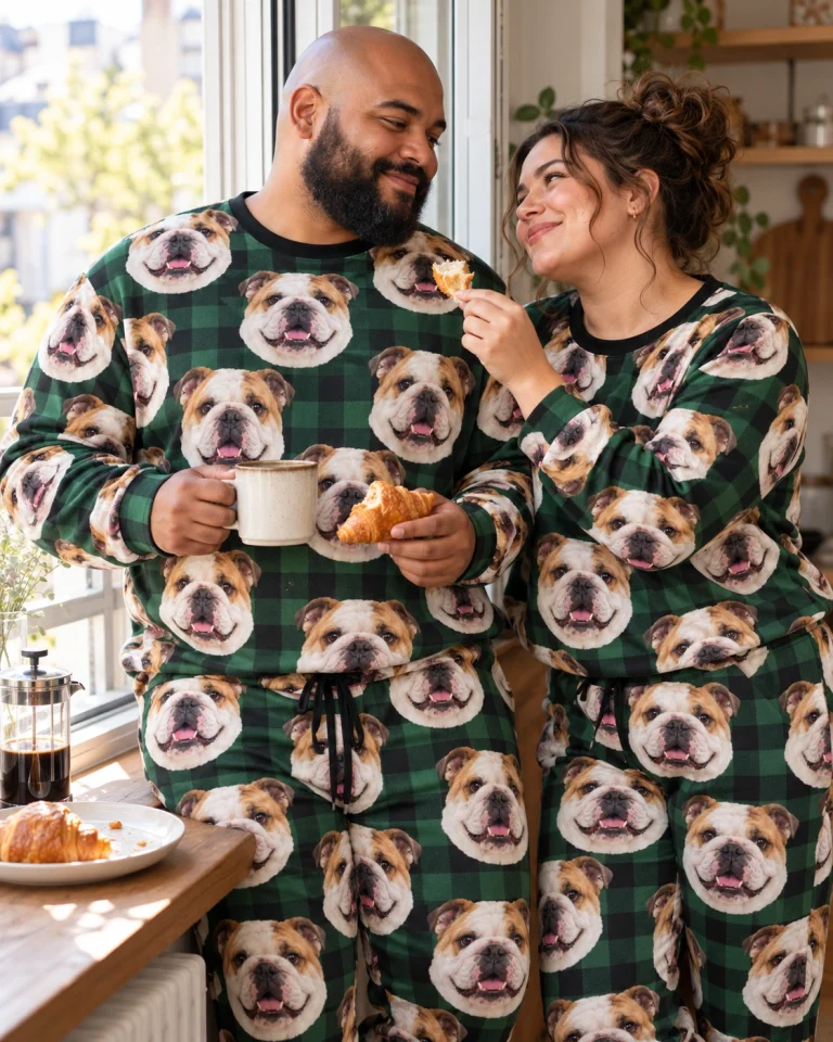 Man and his partner in matching english bulldog pajama set with white-and-fawn English Bulldog faces — MyDogPics