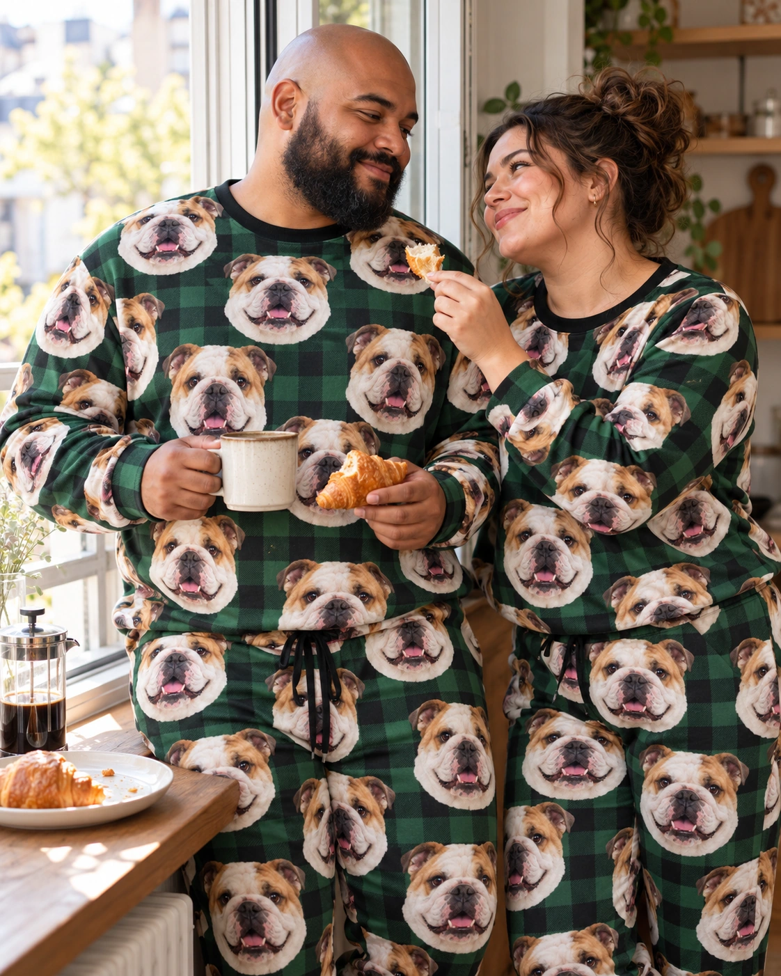 English Bulldog Pajama Set – Family, Green Plaid | MyDogPics Man and his partner in matching english bulldog pajama set with white-and-fawn English Bulldog faces — MyDogPics