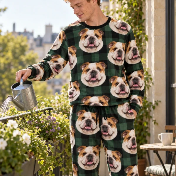 Man posing in an english bulldog pajama set, white-and-fawn English Bulldog faces on green plaid fabric — MyDogPics