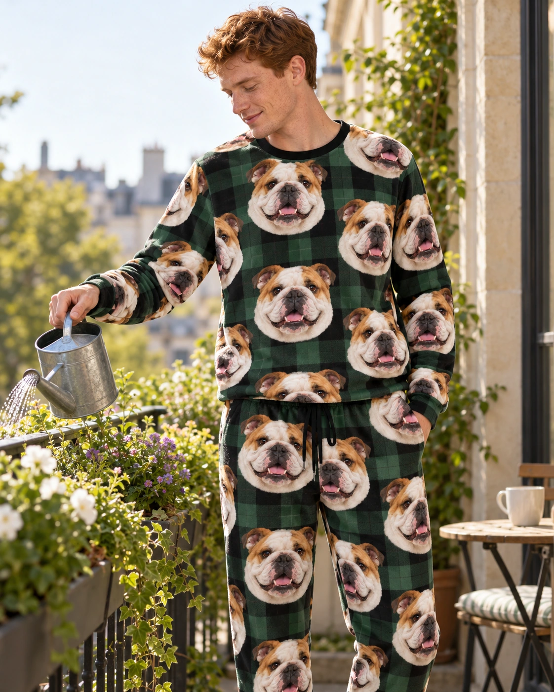 English Bulldog Pajama Set – Pose, Green Plaid | MyDogPics Man posing in an english bulldog pajama set, white-and-fawn English Bulldog faces on green plaid fabric — MyDogPics