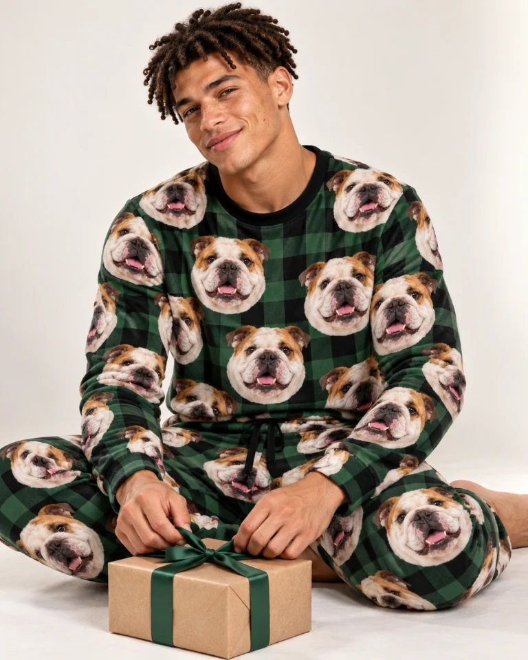 Man sitting in an english bulldog pajama set covered in white-and-fawn English Bulldog faces — MyDogPics