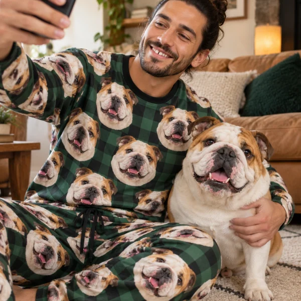 Man in an english bulldog pajama set with his Bulldog — MyDogPics